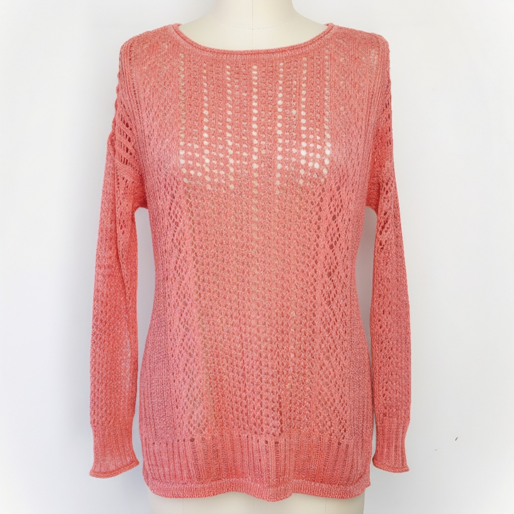 Chico's Size M/L Crochet Summer Sweater Pink Coral Shimmer Cable Loose Knit